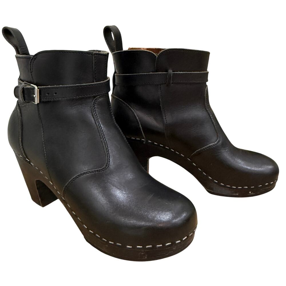 Swedish Hasbeens Black Leather Clog Booties with Buckle Strap